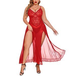 8602 Plus Size Sexy Nightgowns Long Lingerie Dress Red Babydoll Nighty